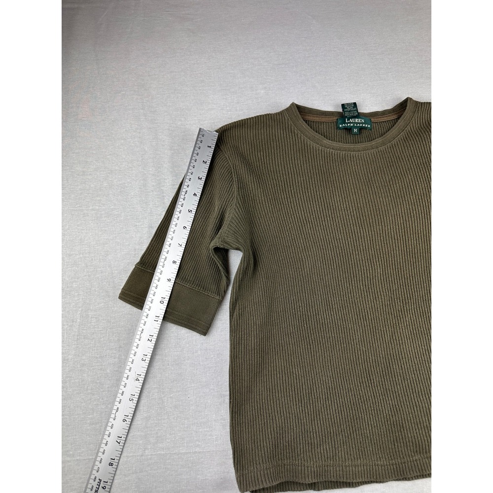 Lauren Ralph Lauren Olive Green Ribbed Knit‎ Elbow Sleeve Top Utility Pocket M - Picture 5 of 6